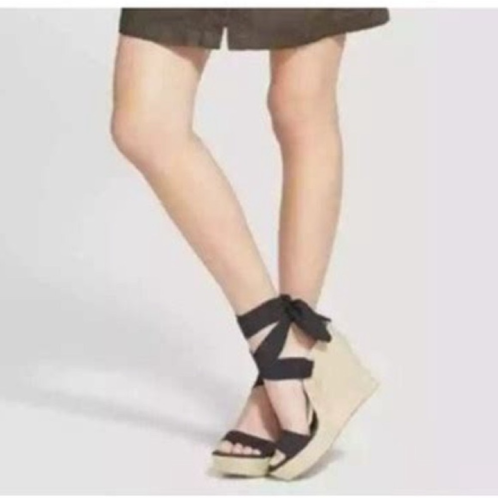 Ugg Women’s Jules Platform Wedge Ribbon Tie Espadrille Sandals Black/Beige sz 9 - Picture 2 of 16